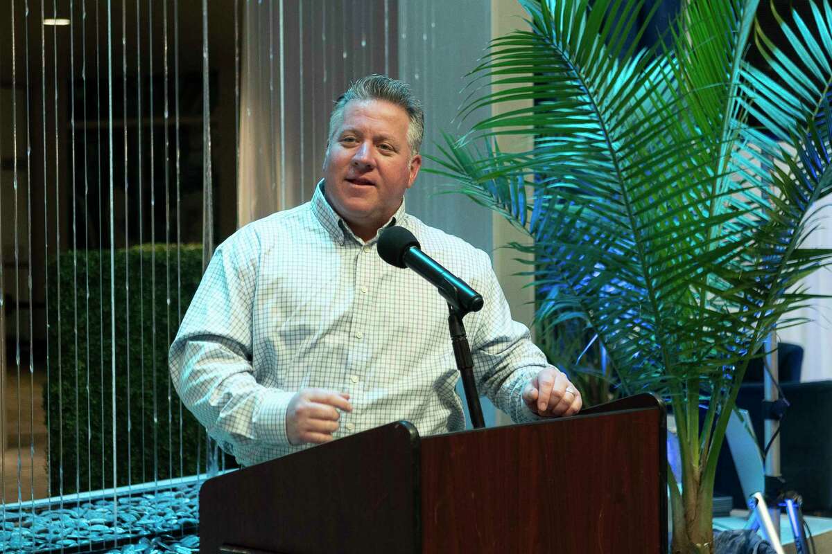 Albany County Executive Dan McCoy speaks at MVP Arena during the 2023 Watch Party for the announcement of March Madness brackets on Sunday, Mar. 12. (Jenn March, Special to the Times Union)