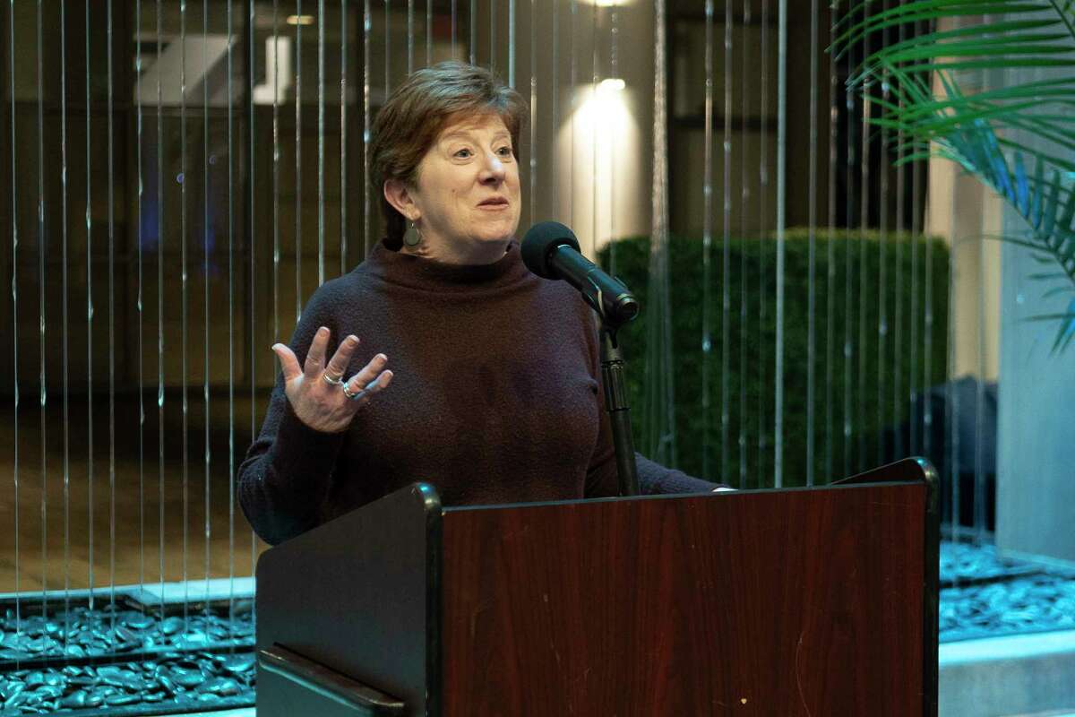 Albany Mayor Kathy Sheehan speaks at MVP Arena during the 2023 Watch Party for the announcement of March Madness brackets on Sunday, Mar. 12. (Jenn March, Special to the Times Union)