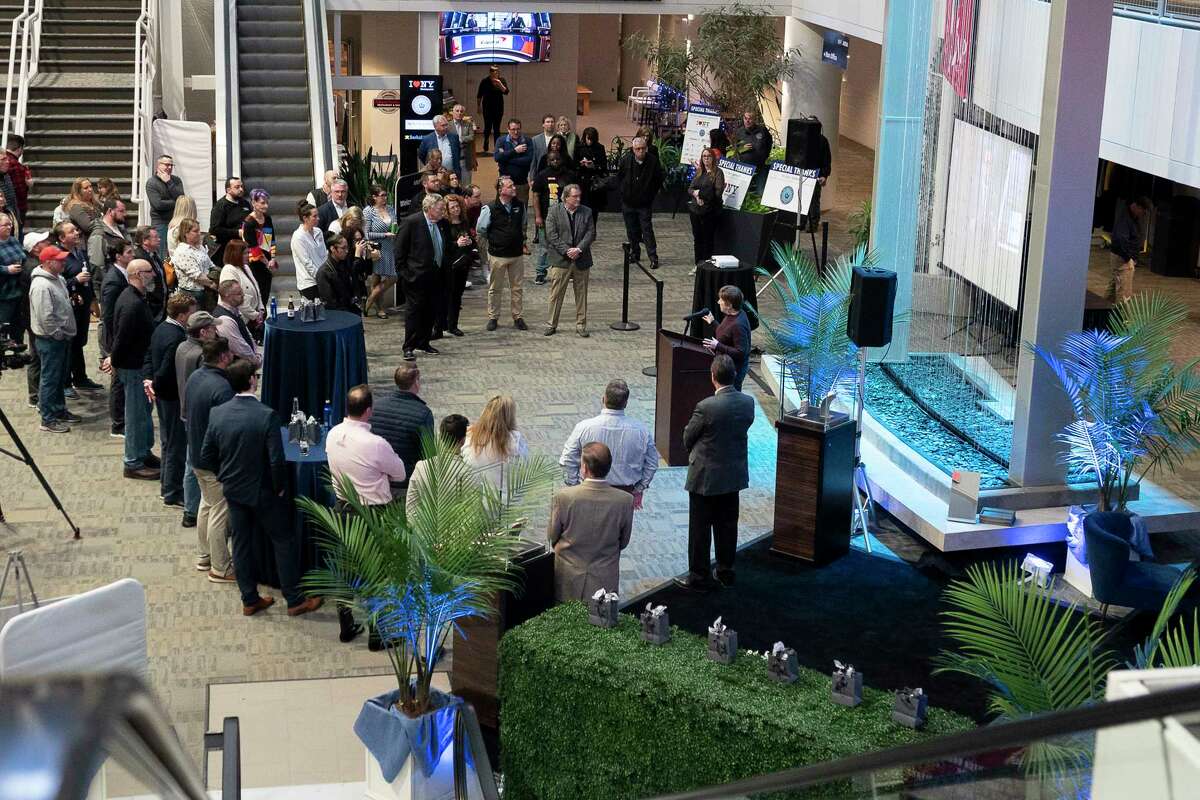 Spectators, Albany government workers, and others listen to Mayor Kathy Sheehan speak at MVP Arena during the 2023 Watch Party for the announcement of March Madness brackets on Sunday, Mar. 12. (Jenn March, Special to the Times Union)