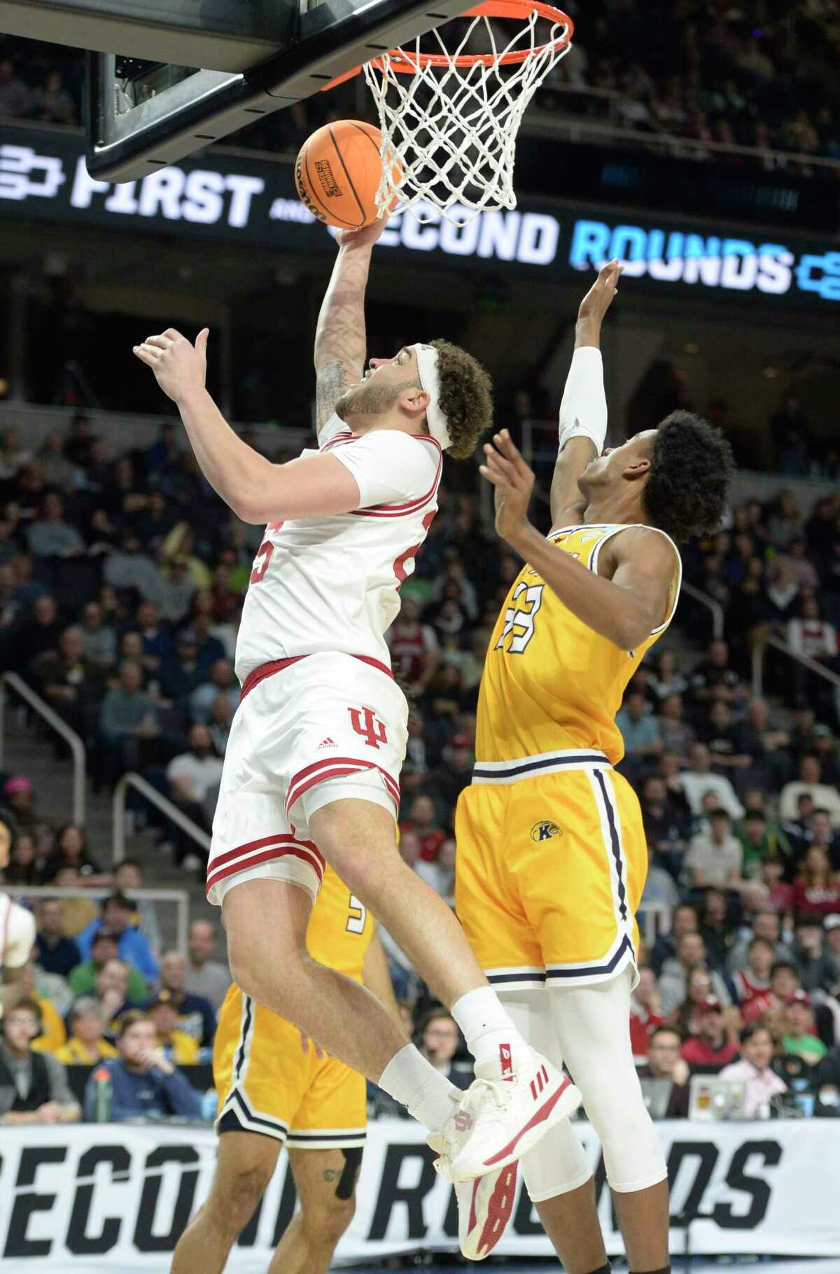 Indiana’s Race Thompson shoots the ball as Kent State’s Miryne Thomas defends during their game in the first round of the NCAA Men’s Basketball tournament at MVP Arena in Albany, N.Y., on Friday, Mar. 17, 2023. (Jenn March, Special to the Times Union)