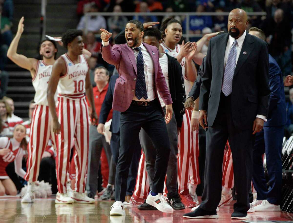 Indiana coaching staff and players react to a scoring play during their game against Kent State in the first round of the NCAA Men’s Basketball tournament at MVP Arena in Albany, N.Y., on Friday, Mar. 17, 2023. (Jenn March, Special to the Times Union)