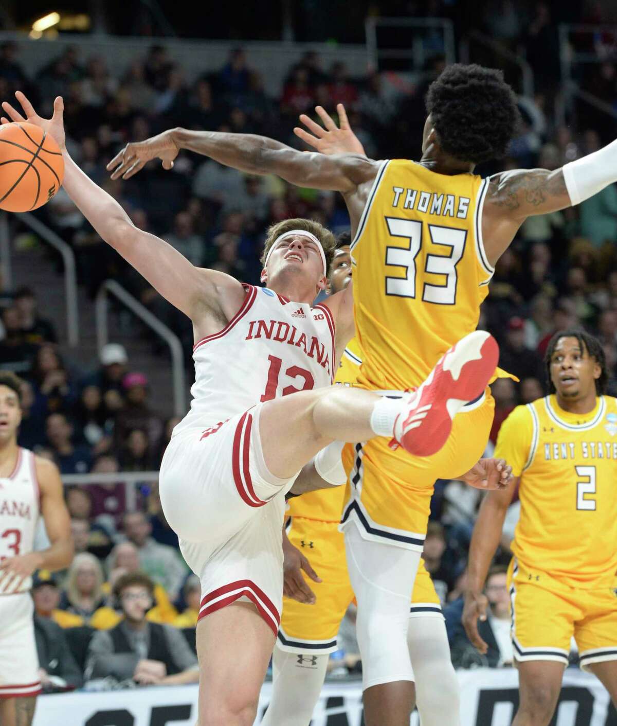 Kent State’s Miryne Thomas knocks the ball from Indiana’s Miller Kopp during their game in the first round of the NCAA Men’s Basketball tournament at MVP Arena in Albany, N.Y., on Friday, Mar. 17, 2023. (Jenn March, Special to the Times Union)