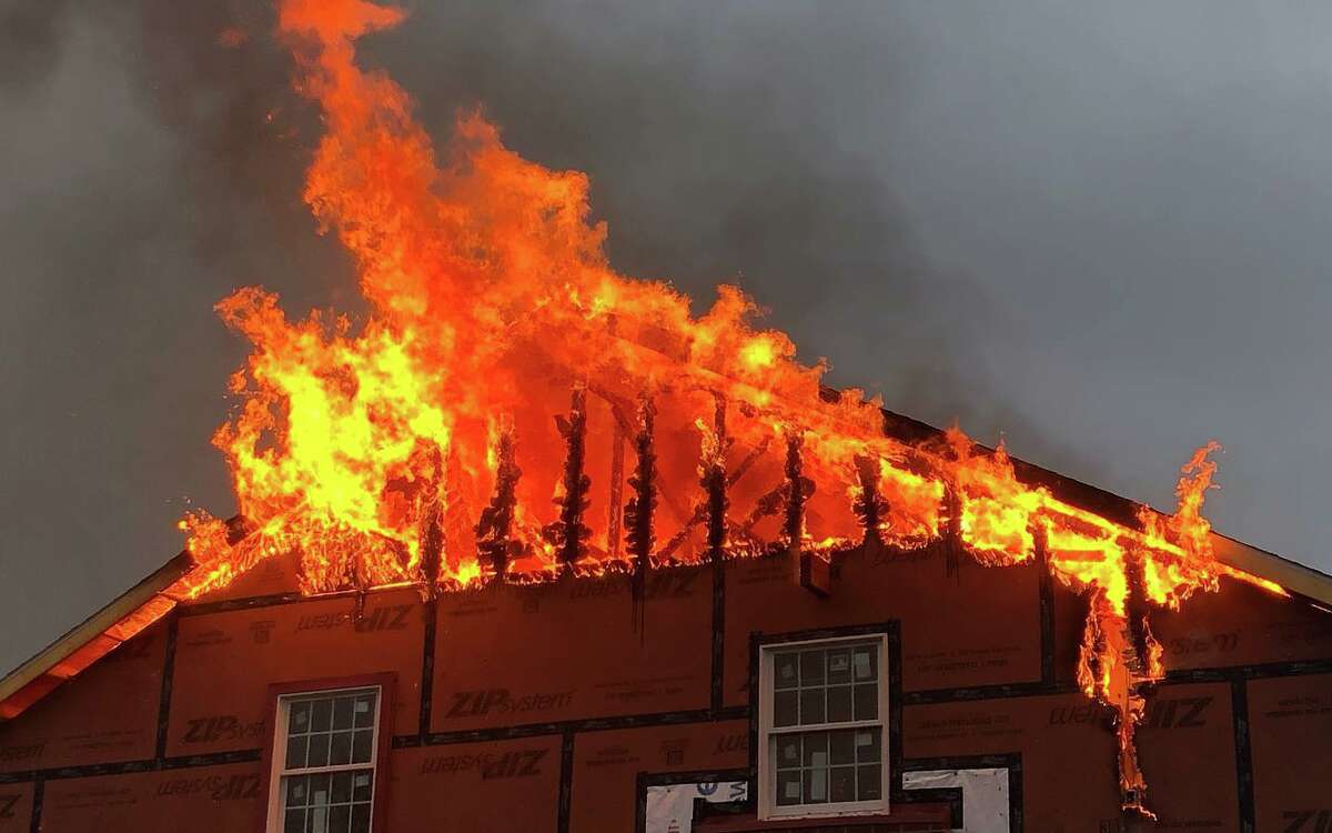 A fire broke out at a new training site and garage being built at Rotterdam Fire District 2's firehouse around 7:08 a.m. on Sat., April 1, 2023 in Rotterdam, N.Y. Lightweight construction intensified the attic fire. A cause has yet to be determined. (Courtesy of Rotterdam Fire District 2's Facebook)