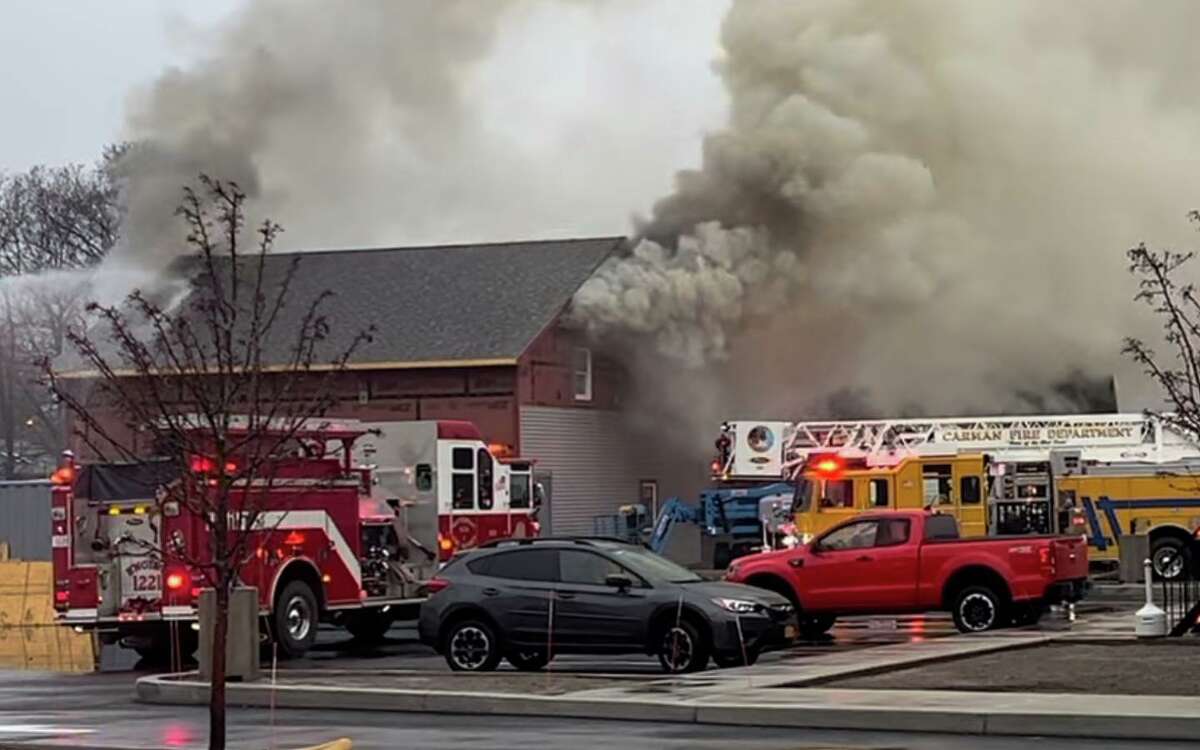 A fire broke out at a new training site and garage being built at Rotterdam Fire District 2's firehouse around 7:08 a.m. on Sat., April 1, 2023 in Rotterdam, N.Y. Lightweight construction intensified the attic fire. A cause has yet to be determined. (Courtesy of Rotterdam Fire District 2's Facebook)