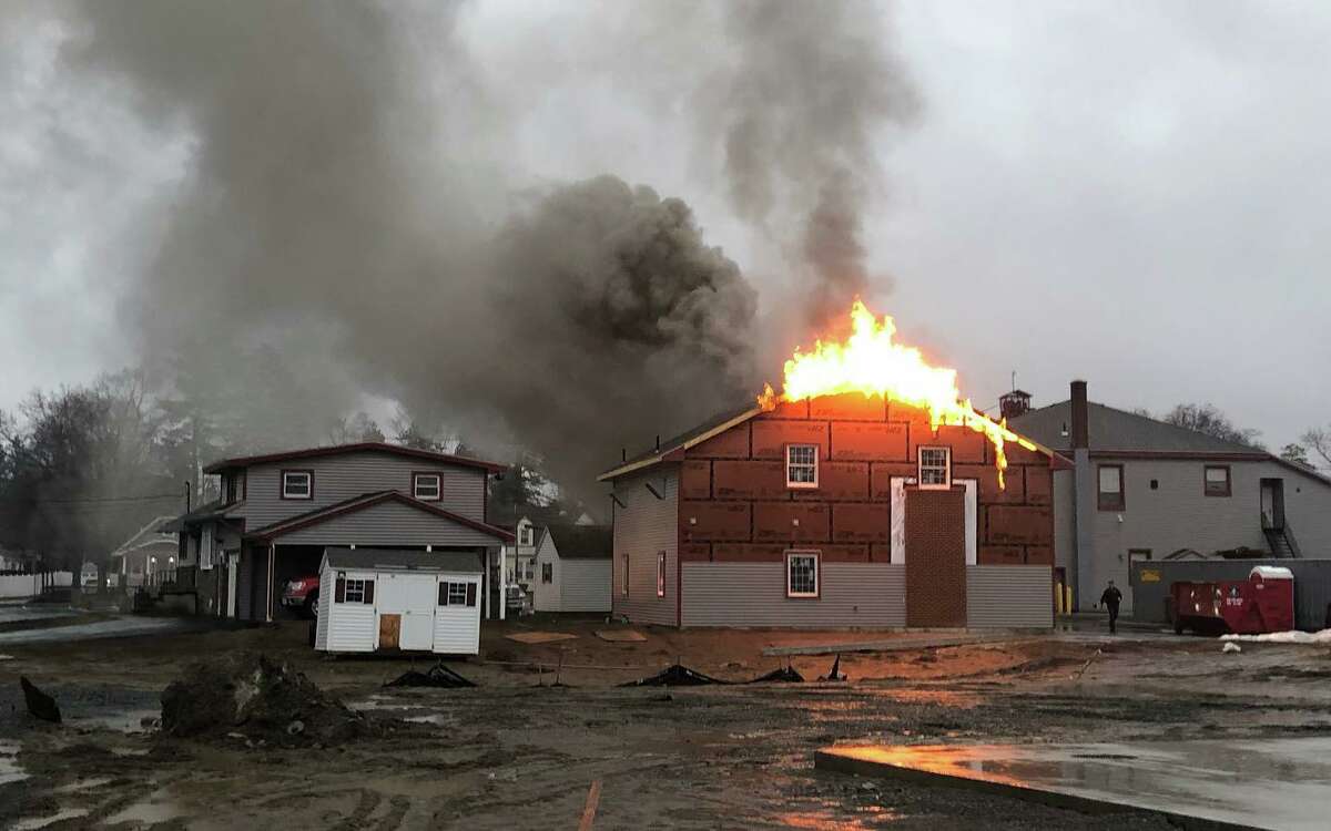 A fire broke out at a new training site and garage being built at Rotterdam Fire District 2's firehouse around 7:08 a.m. on Sat., April 1, 2023 in Rotterdam, N.Y. Lightweight construction intensified the attic fire. A cause has yet to be determined. (Courtesy of Rotterdam Fire District 2's Facebook)