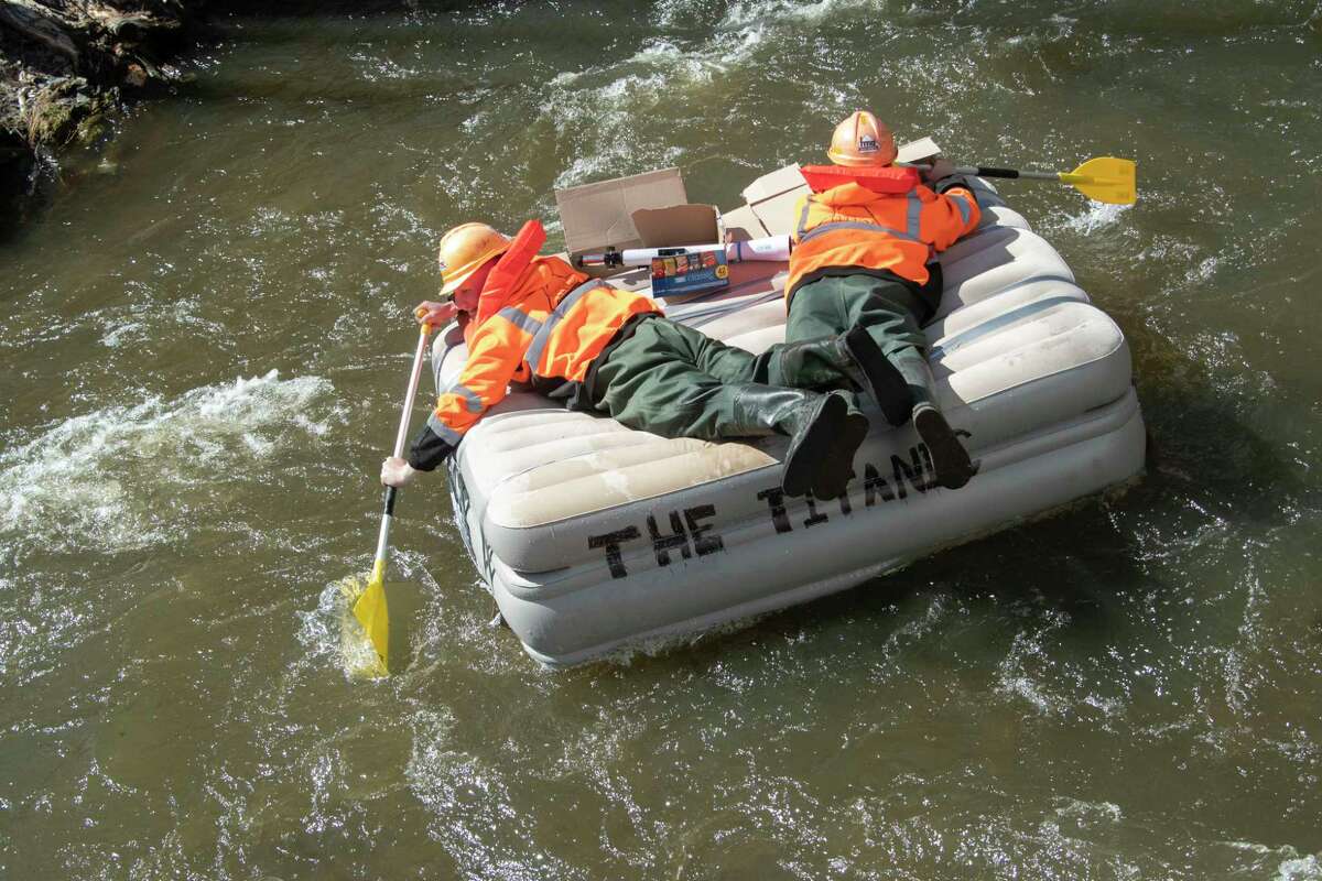 The Titanic float carrying participants is seen in the Anything That Floats Regatta in the 48th Annual Tenandeho White-Water Derby on the Anthony Kill on Sunday April 2, 2023 in Mechanicville, N.Y.