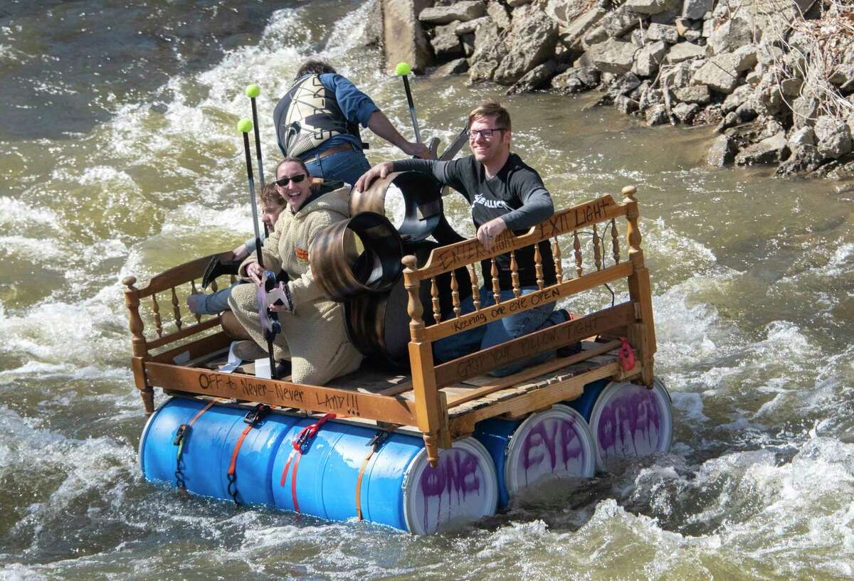 A Metallica “Enter Sadman” float carrying participants is seen in the Anything That Floats Regatta in the 48th Annual Tenandeho White-Water Derby on the Anthony Kill on Sunday April 2, 2023 in Mechanicville, N.Y.