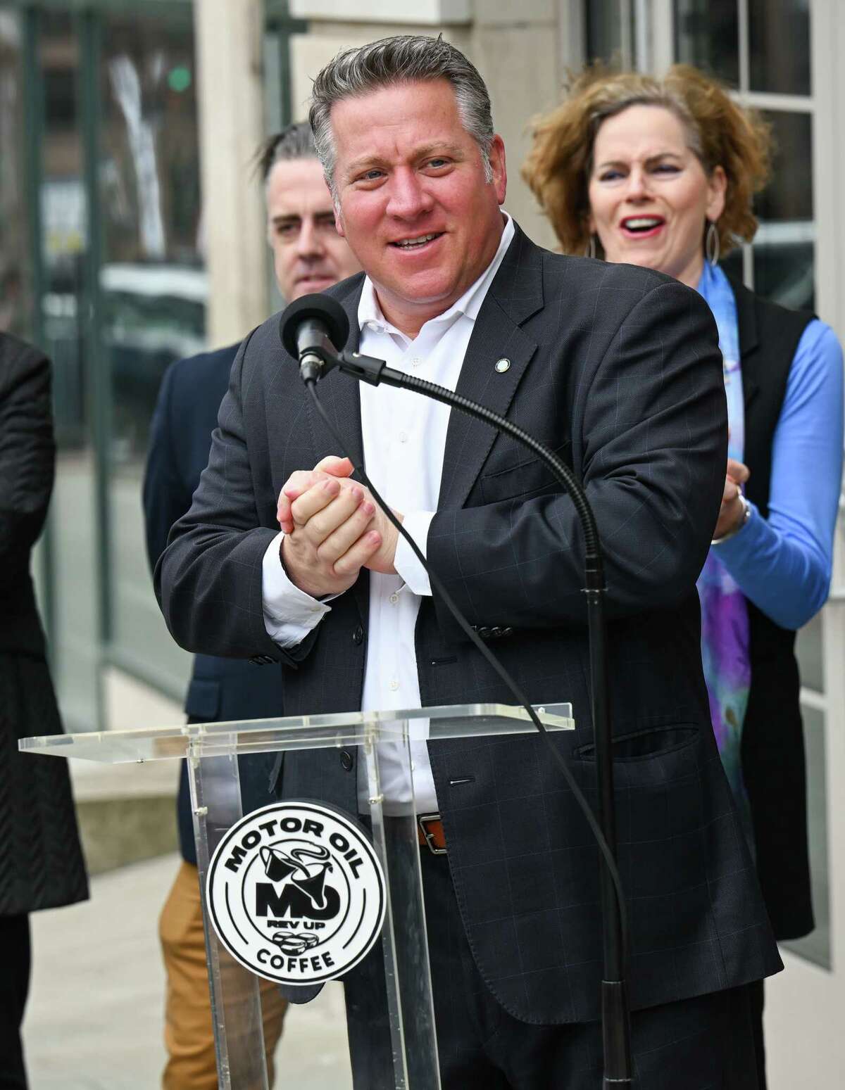 Albany County Executive Dan McCoy speaks at the ribbon cutting of Motor Oil Coffee on Wednesday, April 5, 2023, on State Street in Albany, NY.