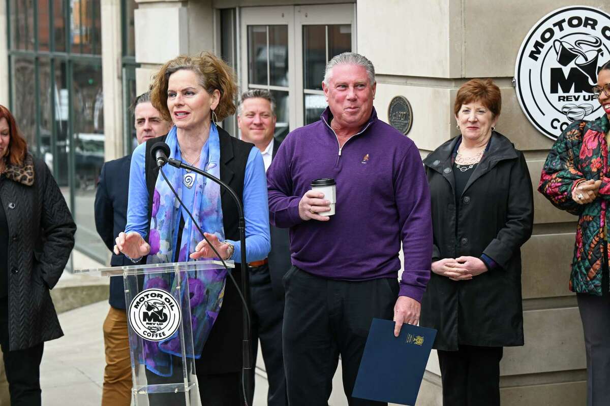 Assemblywoman Pat Fahy and Assemblyman John McDonald at the ribbon cutting of Motor Oil Coffee on Wednesday, April 5, 2023, on State Street in Albany, NY.