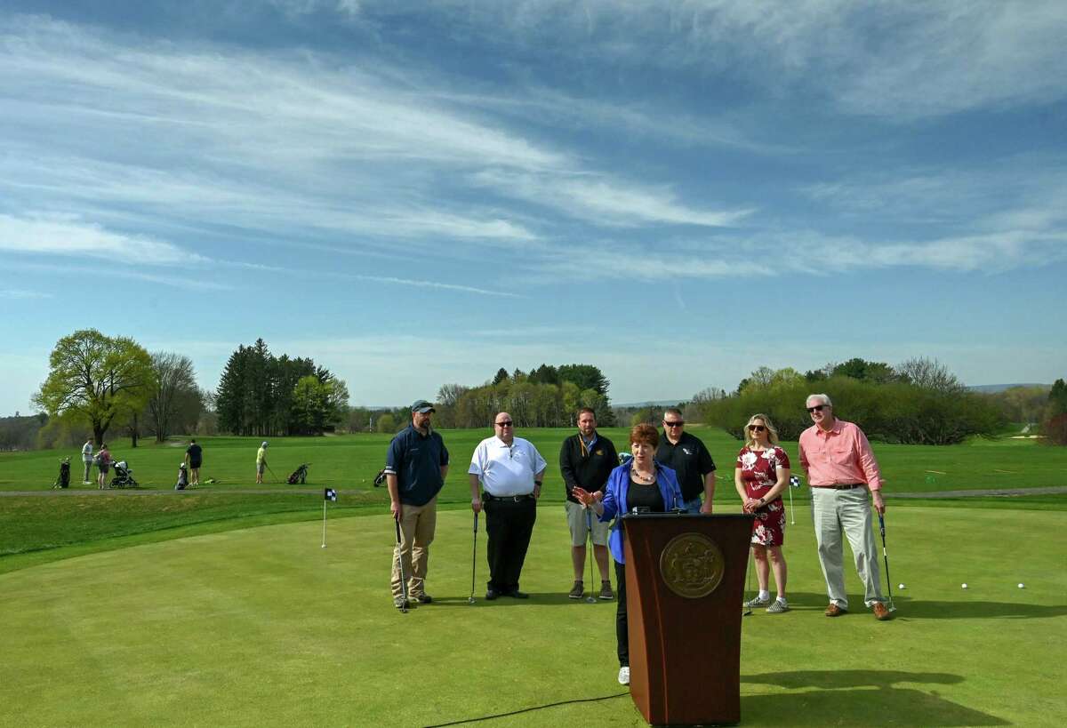 Albany Mayor Kathy Sheehan announce the opening of Capital Hills Golf Course for the season on Friday, April 14, 2023, at Capital Hills Golf Course in Albany, N.Y.