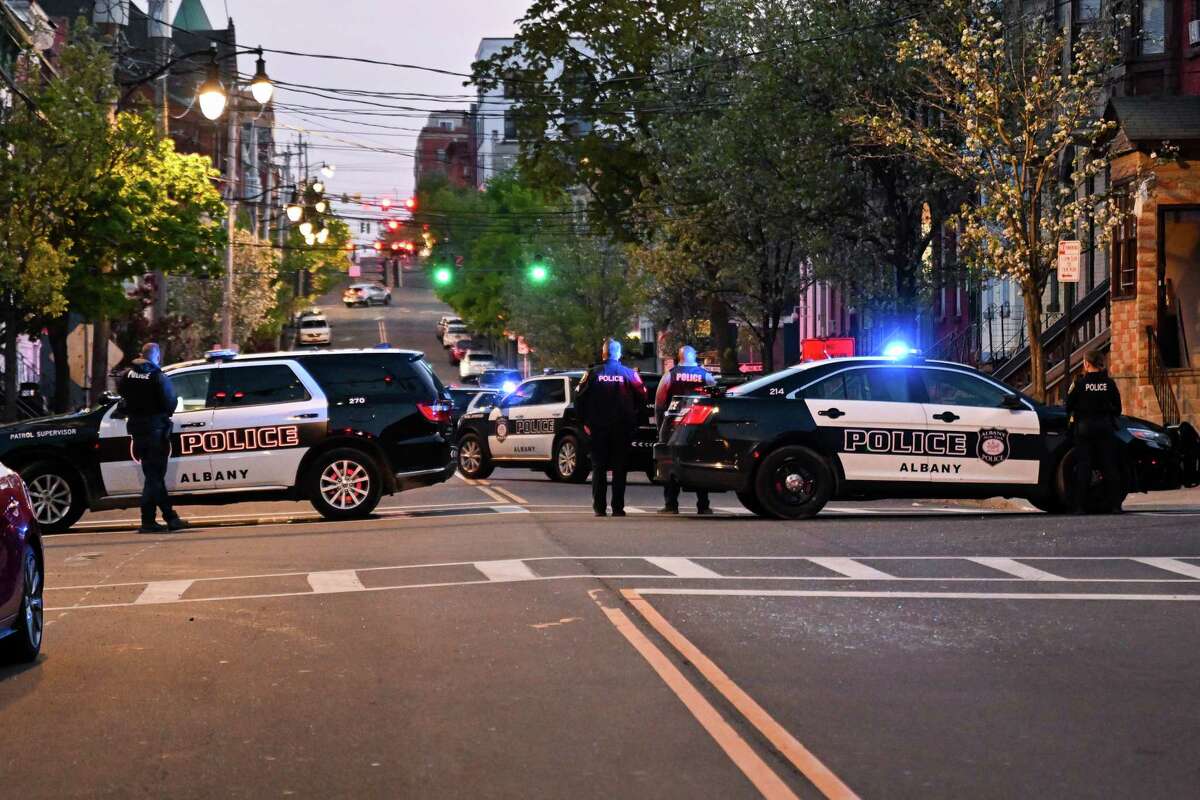 Police respond to an incident on the 100 block of Lark Street between Orange Street and Sheridan Avenue on Thursday, April 27, 2023, in Albany, NY.