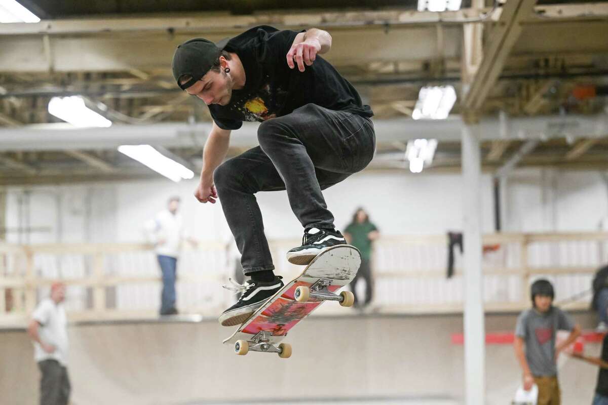 Noah Rose gets some air during the grand opening of the Noteworthy Community Center’s indoor skatepark on Saturday, April 29, 2023, on Broadway in Albany.