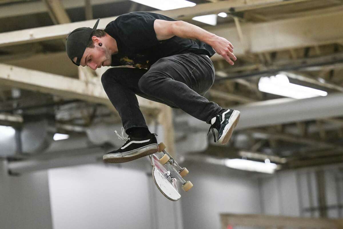 Noah Rose gets some air during the grand opening of the Noteworthy Community Center’s indoor skate park on Saturday, April 29, 2023, on Broadway in Albany.