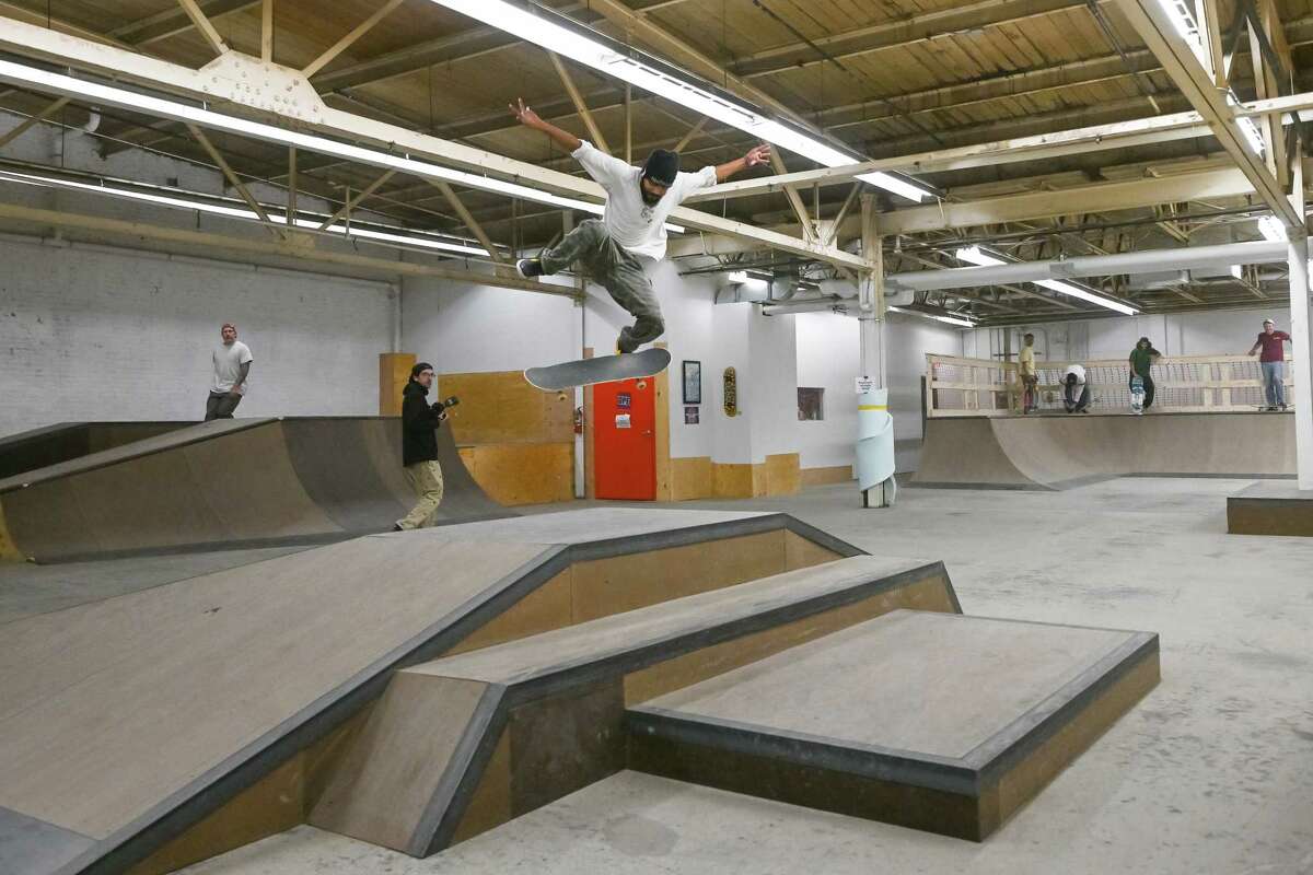 Jeremiah Gray gets some air during the grand opening of the Noteworthy Community Center’s indoor skate park on Saturday, April 29, 2023, on Broadway in Albany.