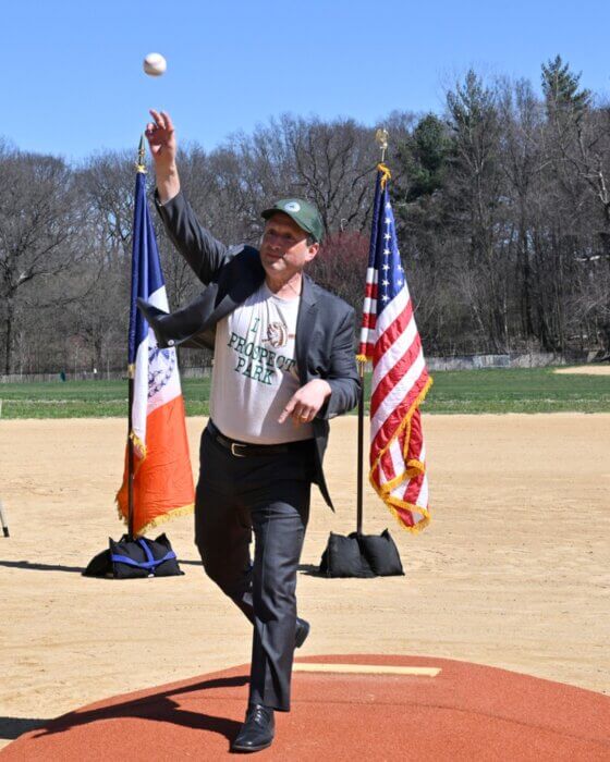 brad lander throws pitch at prospect park ball field