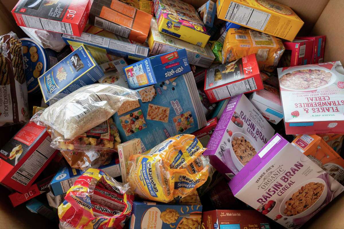 Cardboard bins are seen full of food during the 16th Annual Neighborhood Food Drive to benefit the Regional Food Bank of Northeastern New York on Sunday, April 30, 2023 at the Regional Food Bank in Colonie, N.Y.