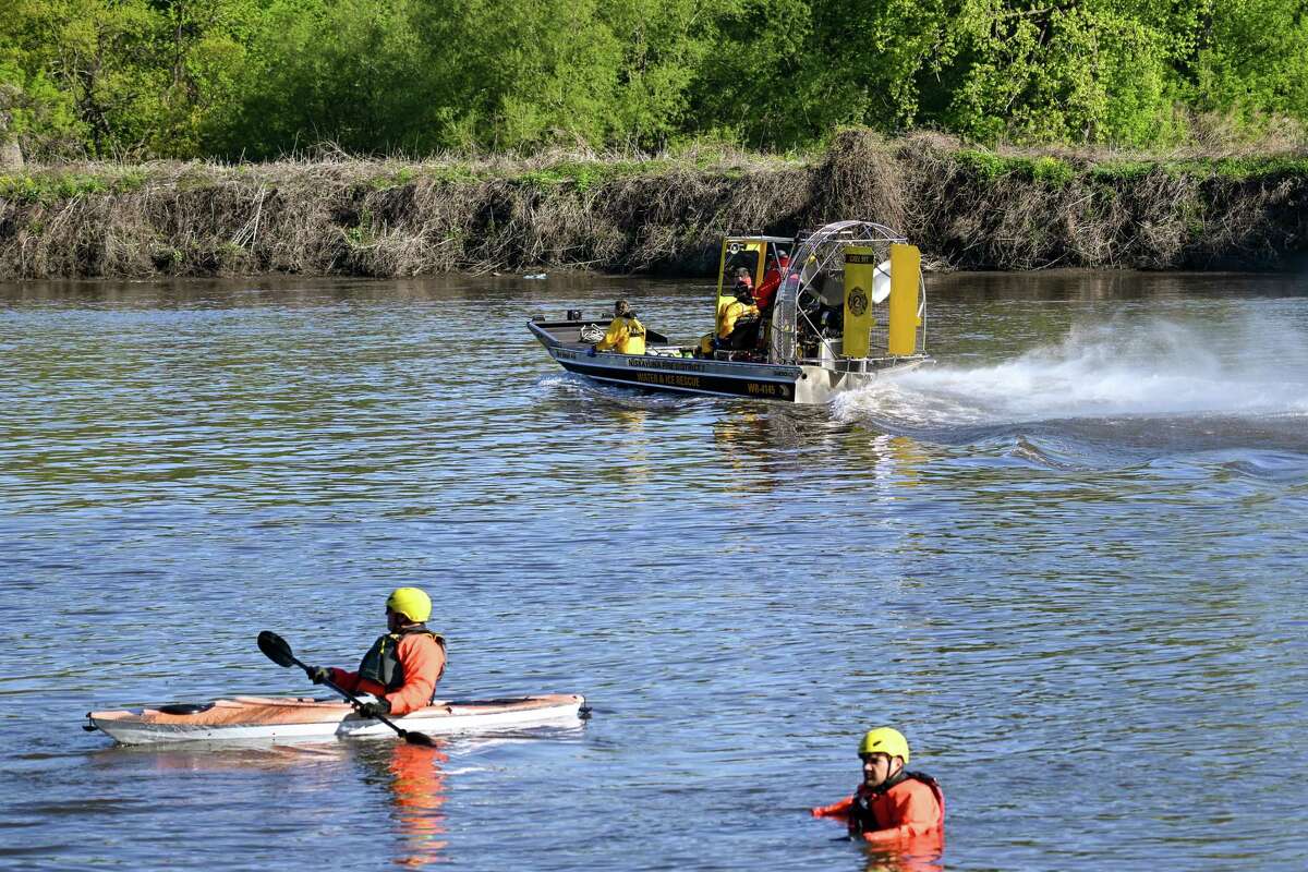 Members of the Niskayuna District 2 Fire Department during a multi-agency water rescue training exercise on Saturday, May 6, 2023, along the Mohawk River in Schenectady, NY.