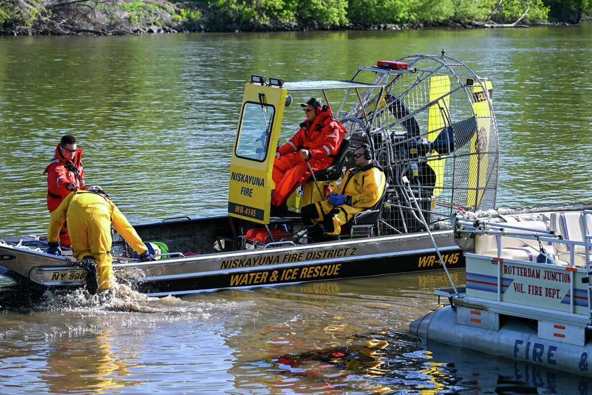 Members of the Niskayuna District 2 Fire Department during a multi-agency water rescue training exercise on Saturday, May 6, 2023, along the Mohawk River in Schenectady, NY.