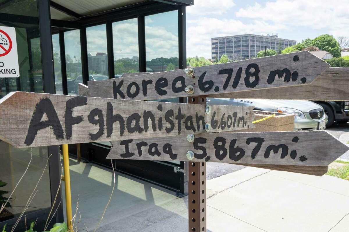 A sign near a bus stop outside the Samuel S. Stratton Department of Veterans Affairs Medical Center. The VA sponsored the 13th annual VA2K Walk and Roll fundraiser held to support the Homeless Veterans Program on Wednesday, May 17, 2023, in Albany, NY.