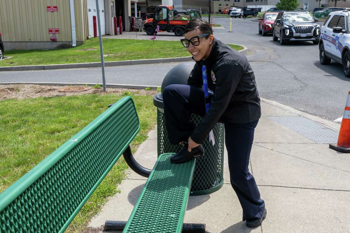 Naisha Wiley stops to tie her shoe during the 13th annual VA2K Walk and Roll fundraiser held to support the Homeless Veterans Program at the Samuel S. Stratton Department of Veterans Affairs Medical Center on Wednesday, May 17, 2023, in Albany, NY.