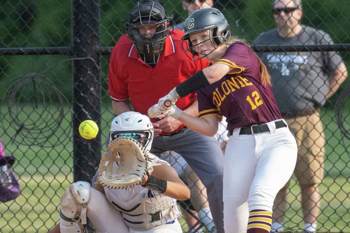 Colonie batter Abby Heckler makes contact during a Class AA semifinal against Saratoga on Tuesday, May 23, 2023, at Schalmont High School in Rotterdam, NY.