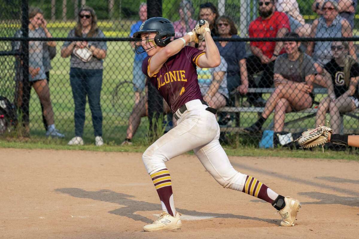 Colonie batter Taylor Quinn makes contact during a Class AA semifinal against Saratoga on Tuesday, May 23, 2023, at Schalmont High School in Rotterdam, NY.