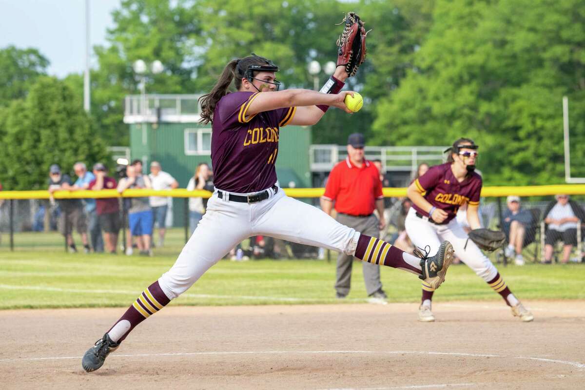 Colonie pitcher Adrianna Laraway works against Saratoga during a Class AA semifinal on Tuesday, May 23, 2023, at Schalmont High School in Rotterdam, NY.