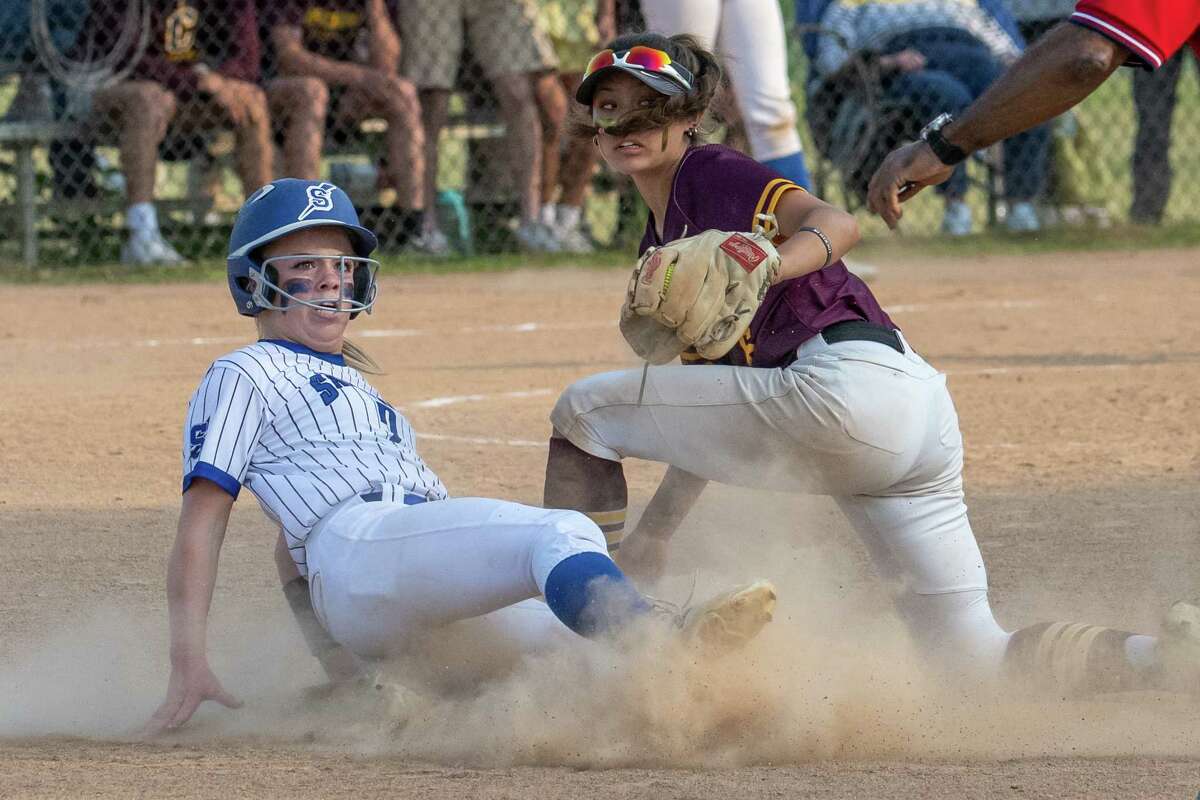 Saratoga baserunner Olivia Tetreault slides into second under a tag by Colonie shortstop Jenny Shafer during a Class AA semifinal on Tuesday, May 23, 2023, at Schalmont High School in Rotterdam, NY.