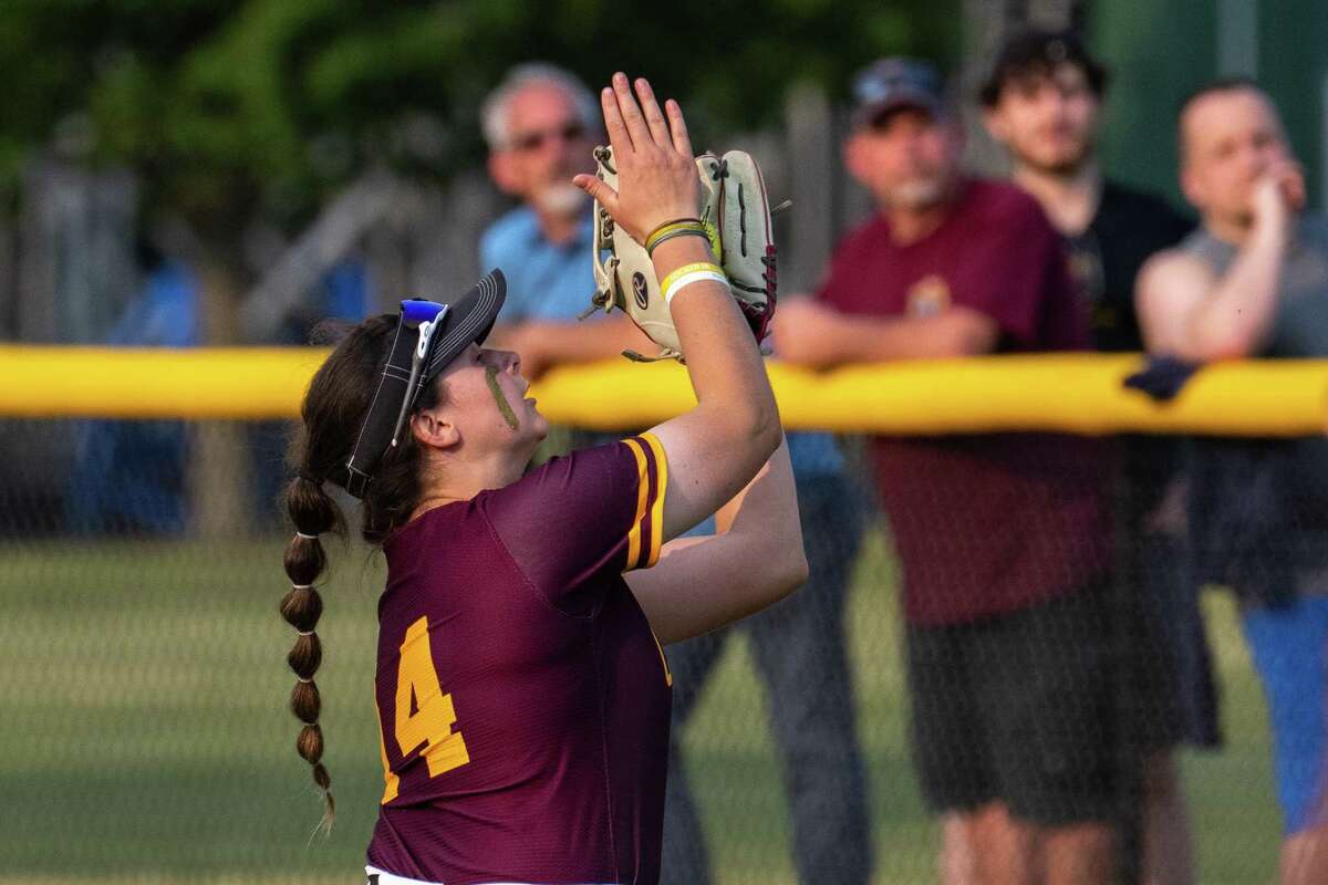 Colonie first baseman Gabby Baumann makes a play during a Class AA semifinal against Saratoga on Tuesday, May 23, 2023, at Schalmont High School in Rotterdam, NY.