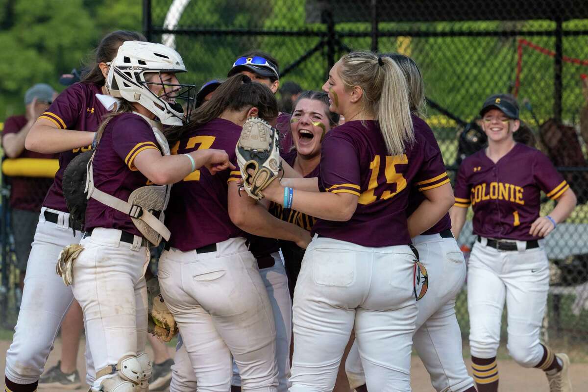 Colonie celebrates after beating Saratoga in a Class AA semifinal on Tuesday, May 23, 2023, at Schalmont High School in Rotterdam, NY.