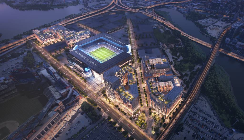 An aerial view of the proposed stadium, which will be built alongside new affordable housing and businesses in Willets Point. Citi Field is at the left of this picture.