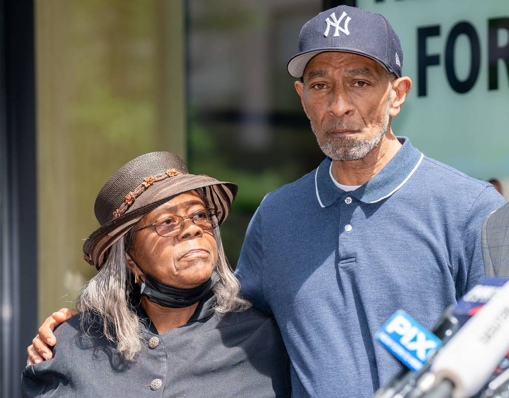 (Father Andre Zachary and Aunt Mildred Mahazu) Andre Zachary, Father of deceased  Jordan Neely and Mildred Mahazu, Aunt of Jordan, joined their Attorneys Lennon Edwards and Donte Mills for a Press Conference in the wake of the Arrest of Daniel Penny at 225 West 34th Street in Manhattan on Friday May 12, 2023. 1049. (Theodore Parisienne)