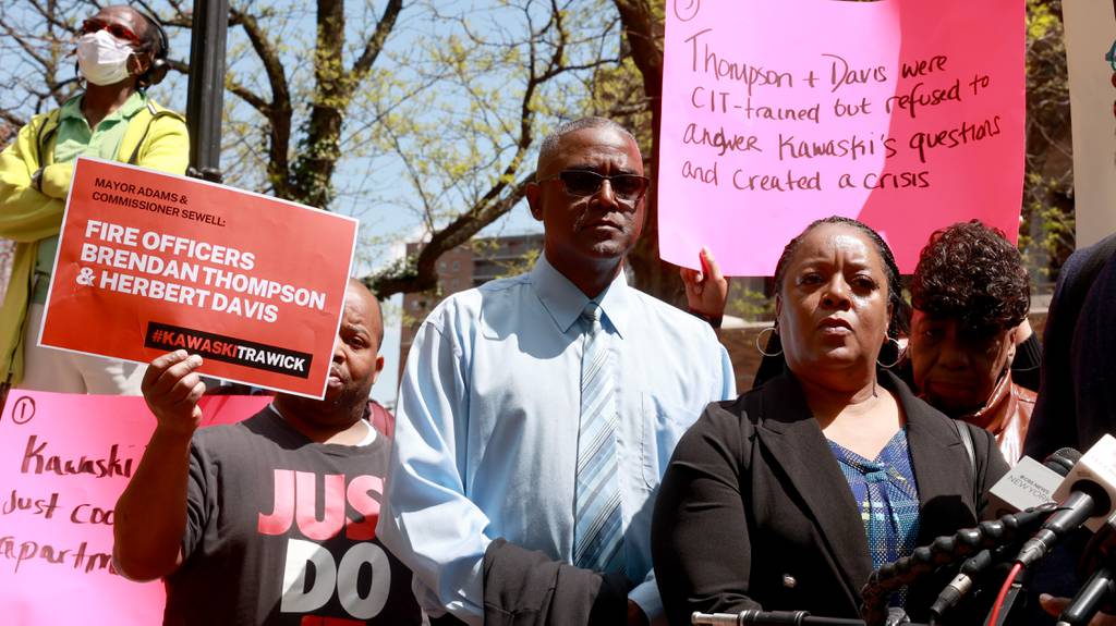 Rickie and Ellen Trawick, parents of Kawaski Trawick are pictured outside NYPD headquarters after attending NYPD Departmental Trial for Officers Brendan Thompson and Herbert Davis both accused of killing Mr Trawick while he was cooking in his kitchen in the Bronx.