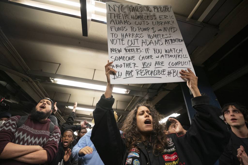 Protestors chant at a vigil in the Broadway-Lafayette subway stationWednesday, May, 3, 2023  in Manhattan, New York. (Barry Williams for New York Daily News)