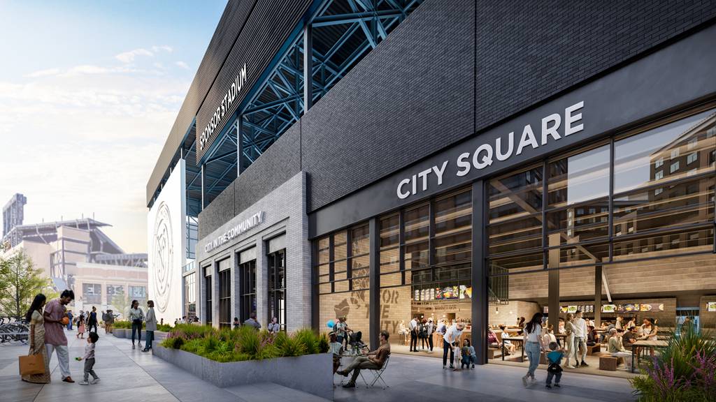 A street-level rendering of the proposed New York City Football Club stadium proposed for Willets Point. The stadium would go up in the shadow of Citi Field, which is on the left side of this rendering. The football club hopes the space it labels City Square will be open year-round.