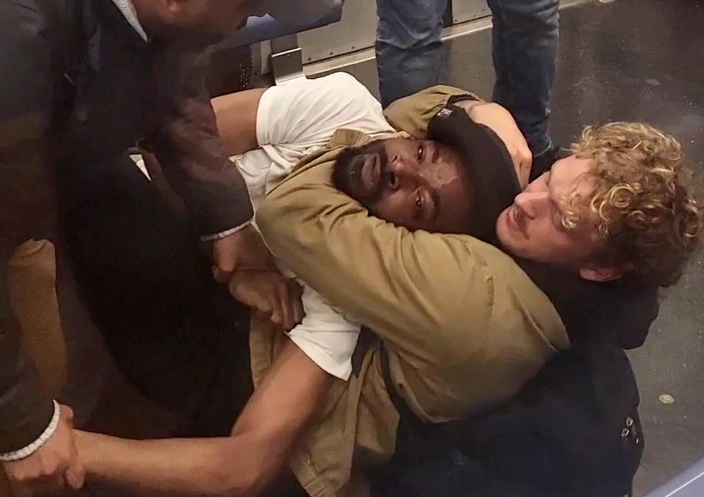 Video footage shows a former U.S. Marine putting Jordan Neely in a chokehold while aboard a New York City subway, as it pulls into the Broadway-Lafayette St. station in Manhattan on Monday, May 1, 2023.