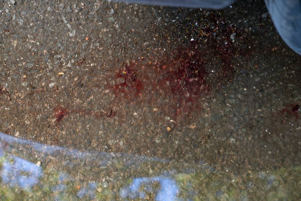 Blood is pictured on the ground where Michael Gilligbauer was stabbed during the Saturday night knife fight on E. 10th St. and Avenue C in the East Village. 