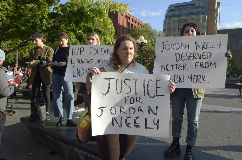 Scores of protesters gathered in Washington Square Park, on Friday, May 5, 2023 to protest the Jordan Neely homicide.