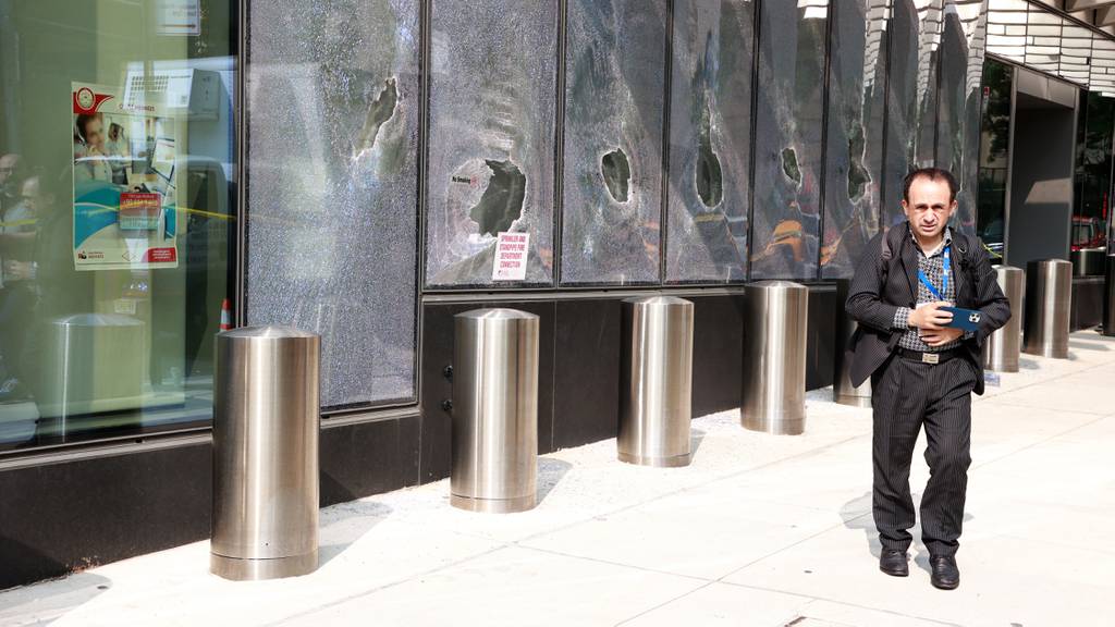 Eight smashed windows and two smashed glass doors were still in place on Monday afternoon, hours after the attack on the consulate. The consulate is inside Turkish House, a bulding on E. 46th St. and First Ave. that also houses Turkey's mission to the United Nations.