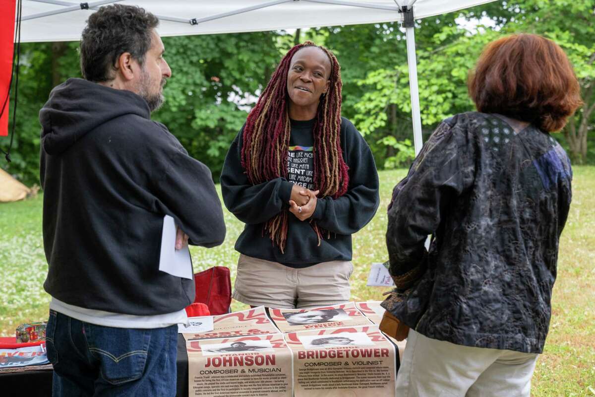 Jae Gayle talks about the Albany Symphony during Pinkster — which began as a Dutch holiday but became an African celebration of family, hope and cultural identity — on Saturday, June 3, 2023, at Schuyler Mansion in Albany, NY.