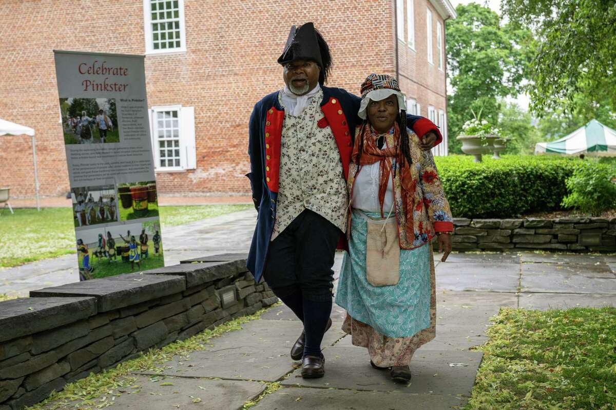 Pinkster King Donald Hyman and Pinkster Player Marcha Tracey during Pinkster — which began as a Dutch holiday but became an African celebration of family, hope and cultural identity — on Saturday, June 3, 2023, at Schuyler Mansion in Albany, NY.