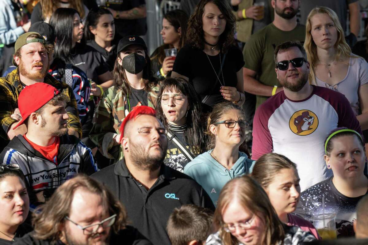 Music fans listen to Bad Luck during the kickoff of the 2023 Alive at Five concert series featuring Hawthorne Heights in the rain location under the Route 787 bridge on Thursday, June 8, 2023, in Albany, NY.