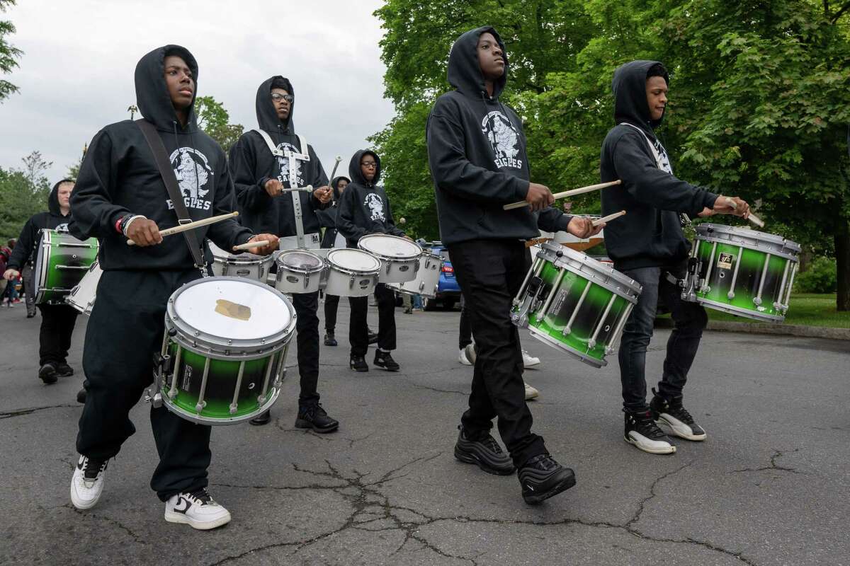 The Green Tech Charter School Marching Band perform during the Juneteenth parade from Washington Park to the South End Grocery store on Pearl Street on Saturday, June 17, 2023, in Albany, NY.