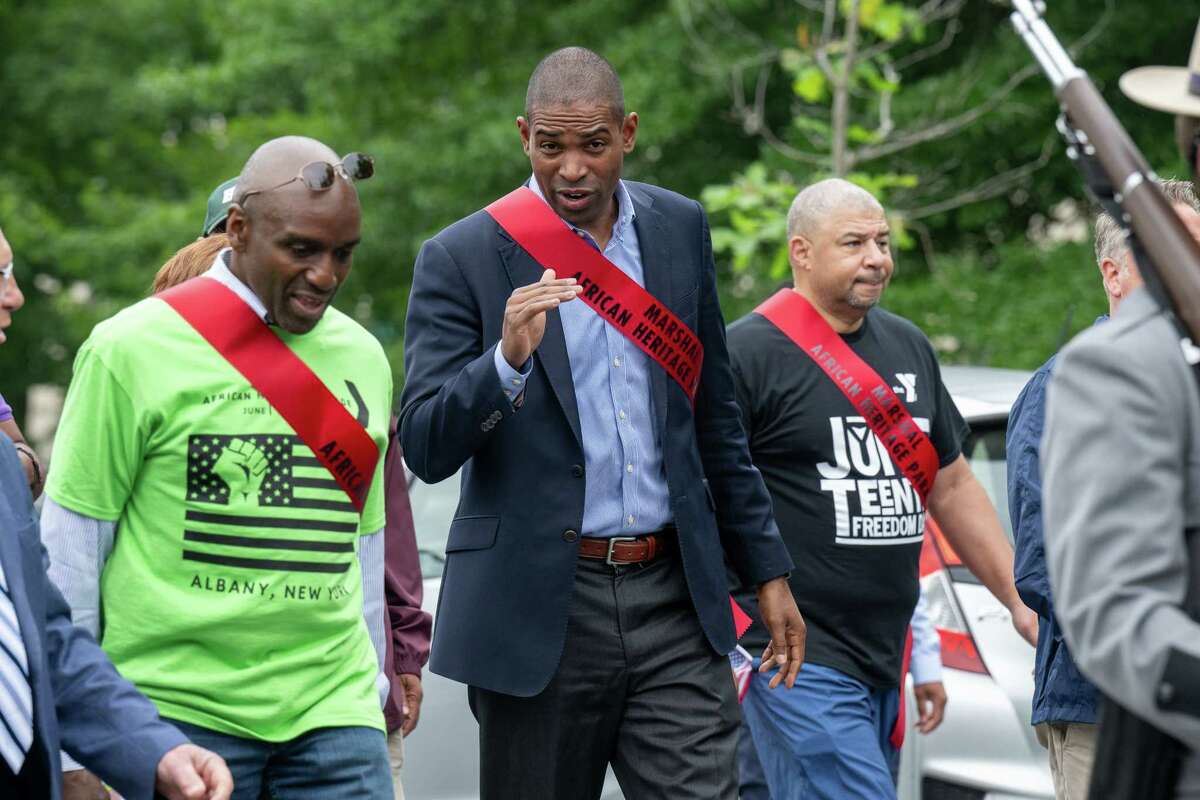 Lt. Gov. Antonio Delgado marches in the Juneteenth parade that began in Washington Park ended at the South End Grocery store on Pearl Street on Saturday, June 17, 2023, in Albany, NY.