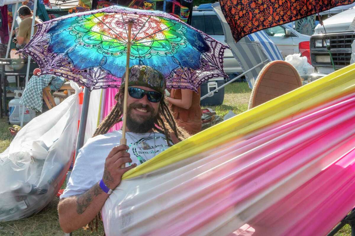 Dead and Company fan David Robinson relaxes in a hammock in the Shakedown Street parking lot before the last Dead and Company show at Saratoga Performing Arts Center on Sunday, June 18, 2023, in Saratoga Springs, N.Y. (Lori Van Buren/Times Union)