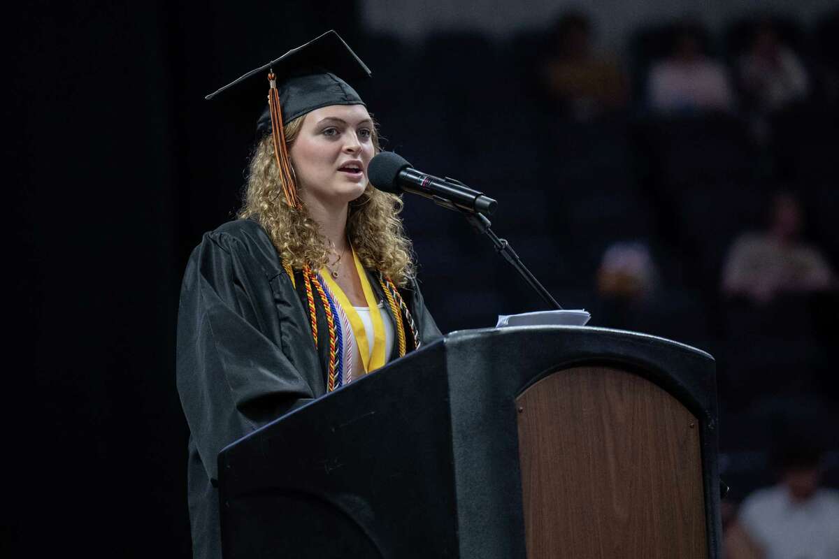 Violet Macdonald, a member of the Bethlehem High Class of 2023, speaks at her graduation ceremony on Friday, June 23, 2023, at the MVP Arena in Albany, NY.