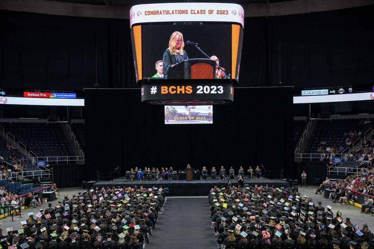 Bethlehem Central School District Superintendent Jody Monroe speaks during the Bethlehem High School graduation ceremony on Friday, June 23, 2023, at the MVP Arena in Albany, NY.