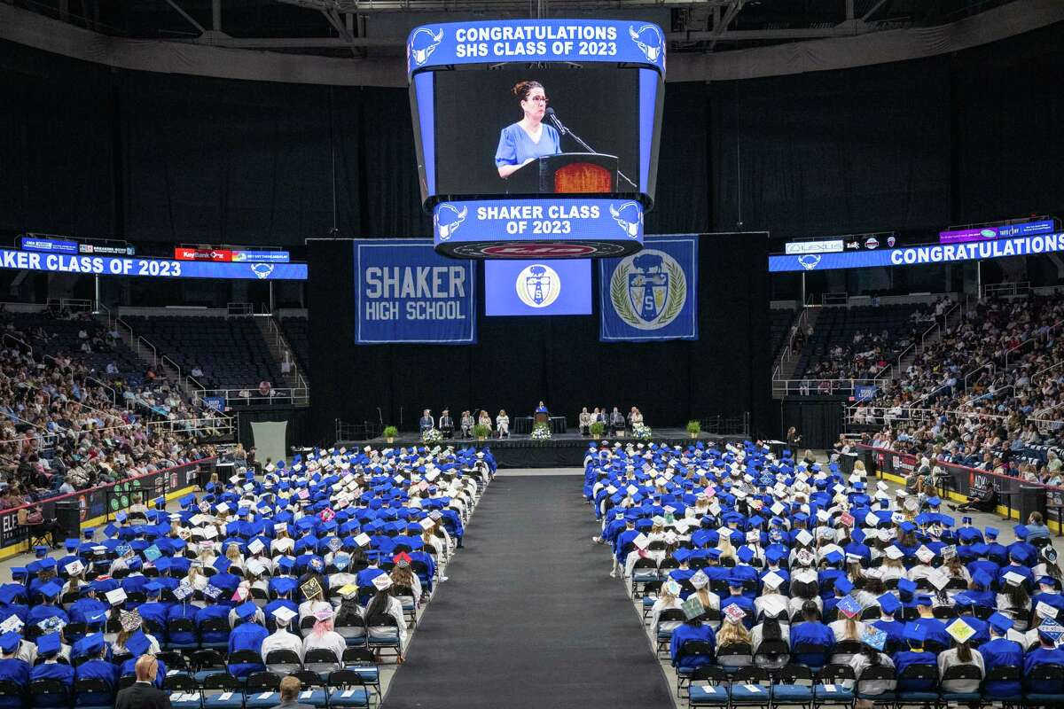 North Colonie Central School District Superintendent Kathleen Skeals speaks for the first time in that position during the commencement ceremony on Saturday, June 24, 2023, at the MVP Arena in Albany, NY.