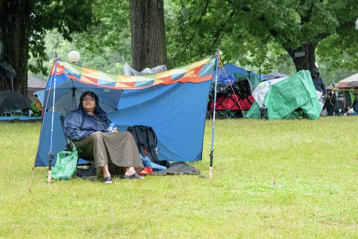 Michelle Escumbise is keeping dry during a rainy Freihofer’s Jazz Fest on Saturday, June 24, 2023, at the Saratoga Performing Arts Center in Saratoga, NY.