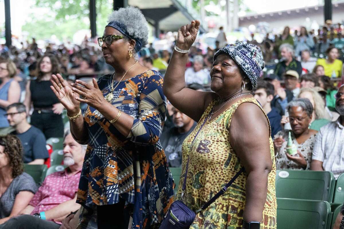 Portia Given, left, and Debra Johnson dance to Tower of Power during the Freihofer’s Jazz Fest on Saturday, June 24, 2023, at the Saratoga Performing Arts Center in Saratoga, NY.